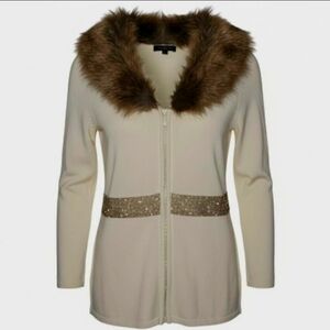 NWT Belldini Los Angeles Ivory Full Zip Cardigan Small Faux Fur Collar Y2K Glam